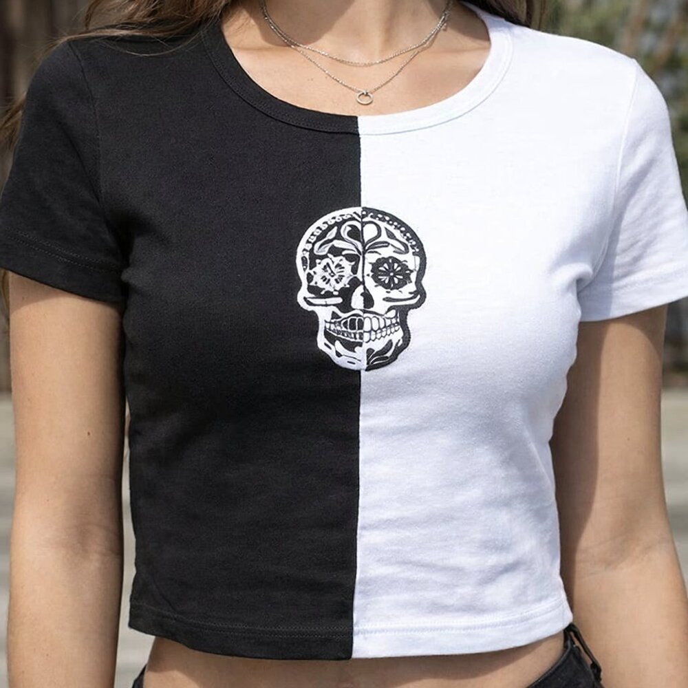 Women's Girls Back & White Day Of the Dead Skull Emo Girl Indie Core Shirt SM